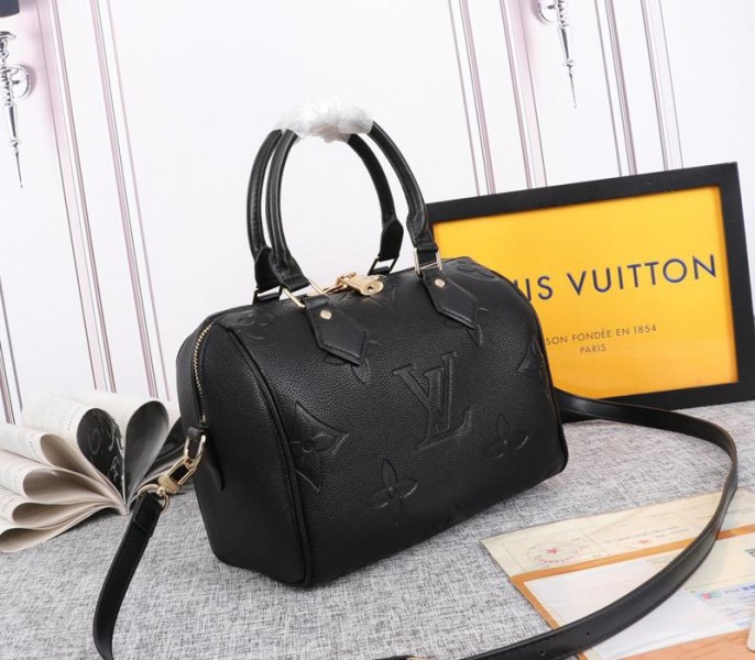 Replica Louis Vuitton Monogram Empreinte Leather Speedy Bandouliere 25 In Black - Image 2