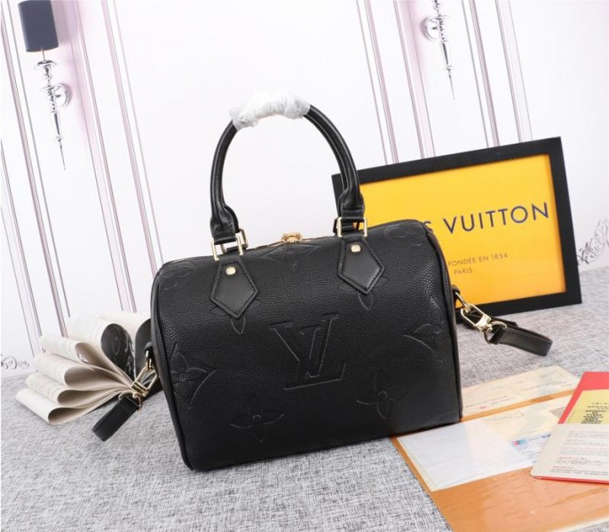 Replica Louis Vuitton Monogram Empreinte Leather Speedy Bandouliere 25 In Black - Image 3