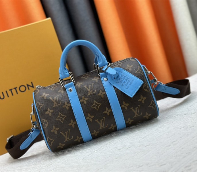 Replica Louis Vuitton Monogram Macassar Canvas Keepall Bandouliere 25 In Gaston Blue