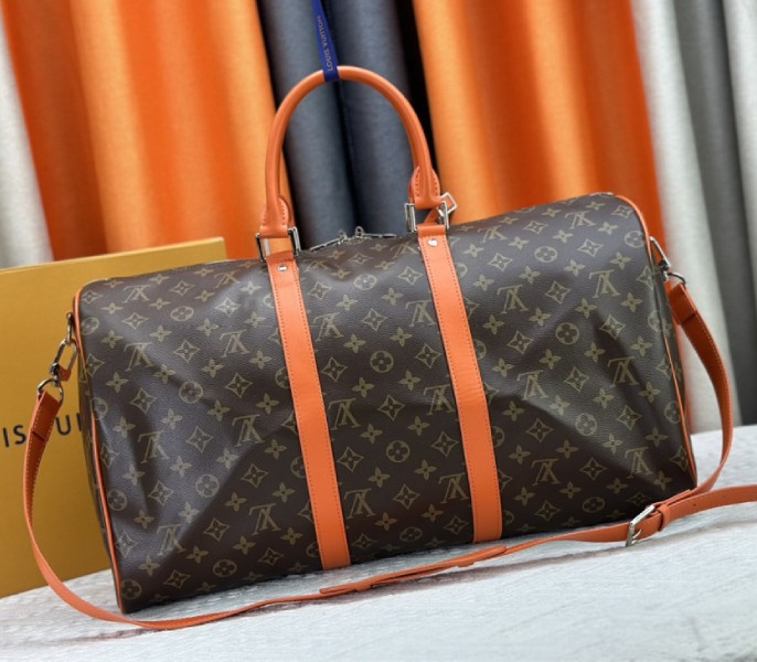 Replica Louis Vuitton Monogram Macassar Canvas Keepall Bandouliere 50 In Tangerine Orange - Image 3