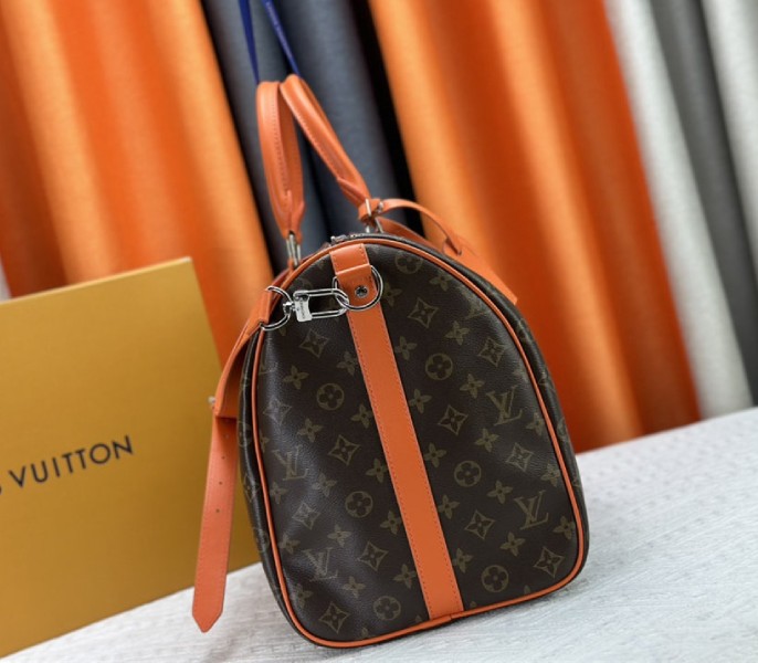 Replica Louis Vuitton Monogram Macassar Canvas Keepall Bandouliere 50 In Tangerine Orange - Image 4