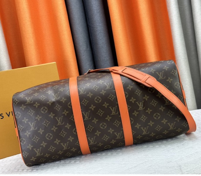 Replica Louis Vuitton Monogram Macassar Canvas Keepall Bandouliere 50 In Tangerine Orange - Image 5