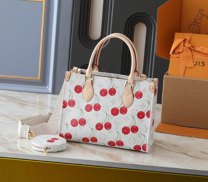 Replica Louis Vuitton X TM Monogram Cherry Canvas Onthego PM In White