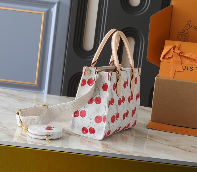 Replica Louis Vuitton X TM Monogram Cherry Canvas Onthego PM In White - Image 2