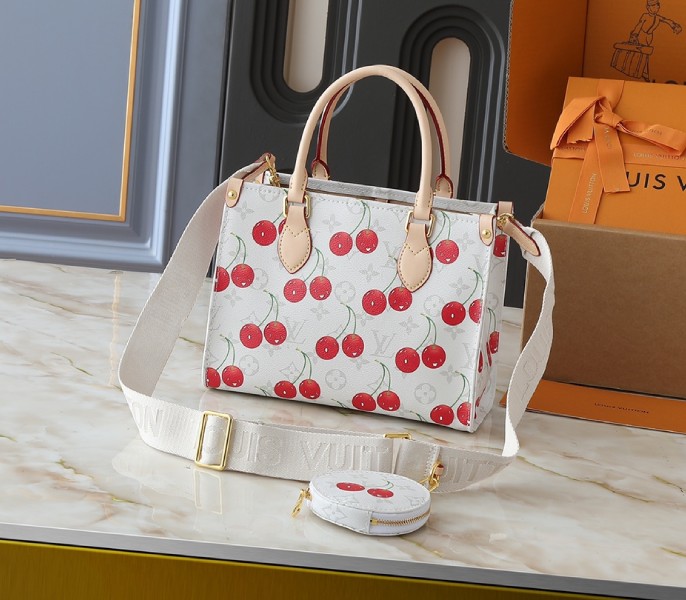 Replica Louis Vuitton X TM Monogram Cherry Canvas Onthego PM In White - Image 3