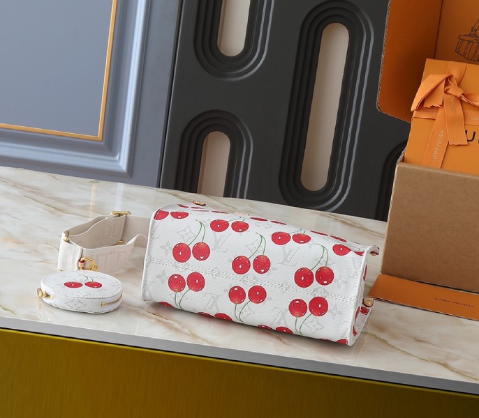 Replica Louis Vuitton X TM Monogram Cherry Canvas Onthego PM In White - Image 4