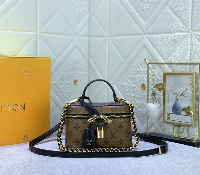 Replica Louis Vuitton Monogram Reverse Canvas Vanity Chain Pouch In Black